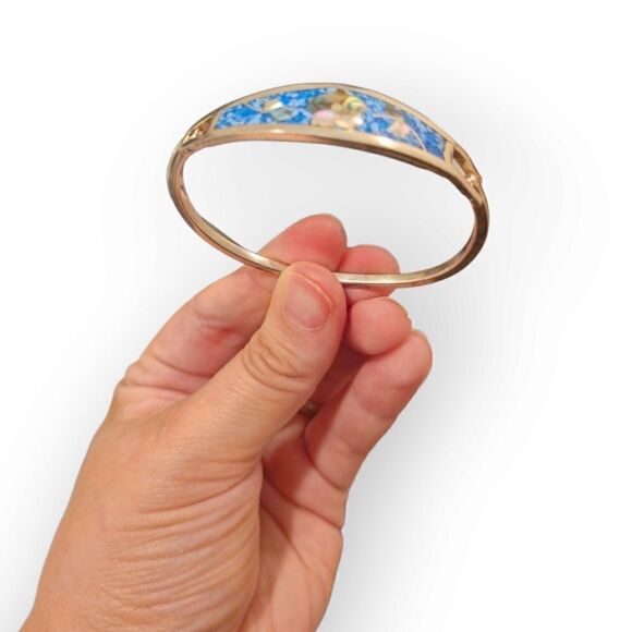 Vintage Alpaca Mexico Silver Blue Abalone Shell Mother-of-Pearl Flower Bracelet - Picture 7 of 14
